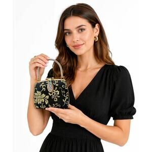 Vintage Vibe Mini Black Gold Brocade Handbag Metal Frame Evening Purse